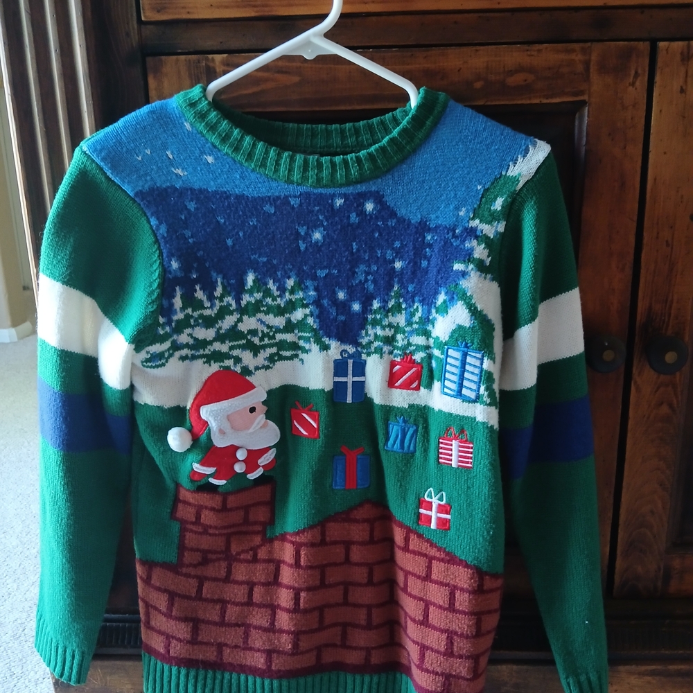 Holiday Time Green and Red Crewneck Sweater with Festive Patterns